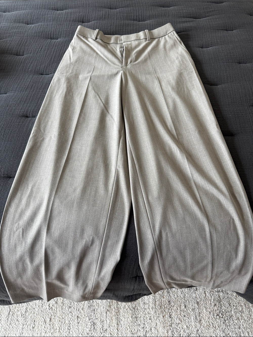 Uniqlo Wide-Leg Pleated Pants in Light Gray with Light Stripes